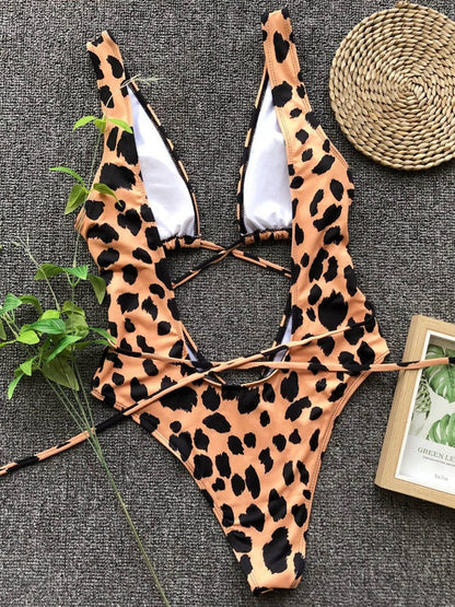 Flat lay of tan leopard print lace-up swimwear