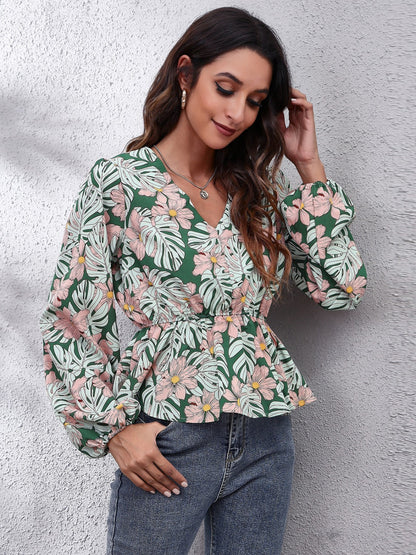 Floral V-Neck Balloon Sleeve Peplum Blouse