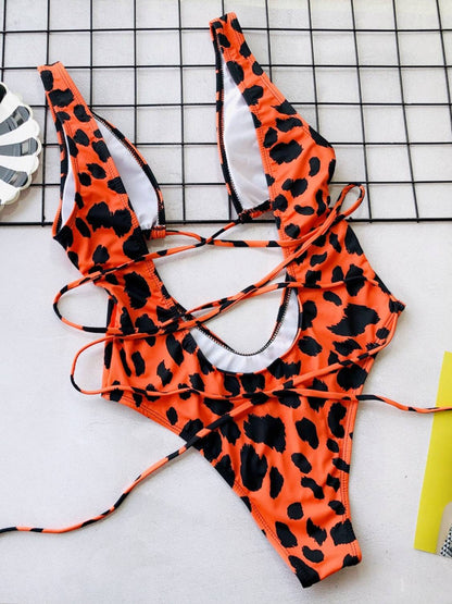 Flat lay of red leopard print lace-up swimwear