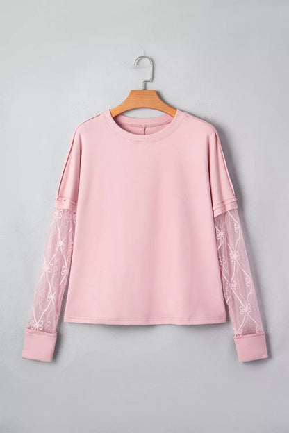 Solid Color Bow Textured Patchwork Long Sleeve Tee