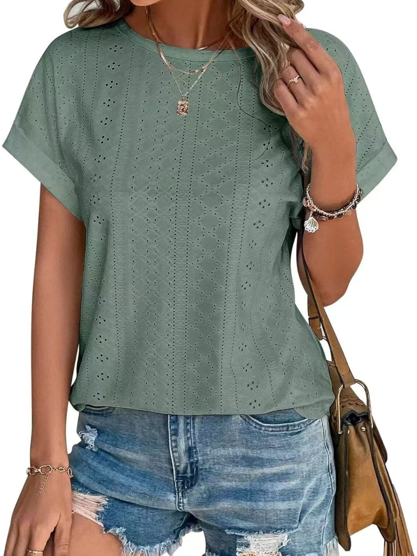 Eyelet Round Neck Short Sleeve Top