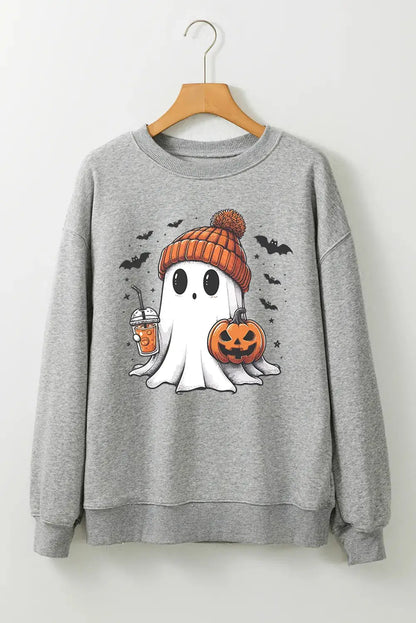 Ghost sweatshirt with pumpkin and drink design on hanger