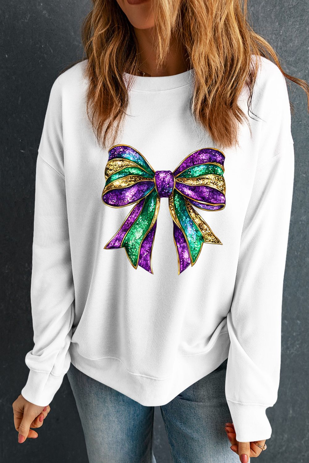 Bow Round Neck Long Sleeve Sweatshirt