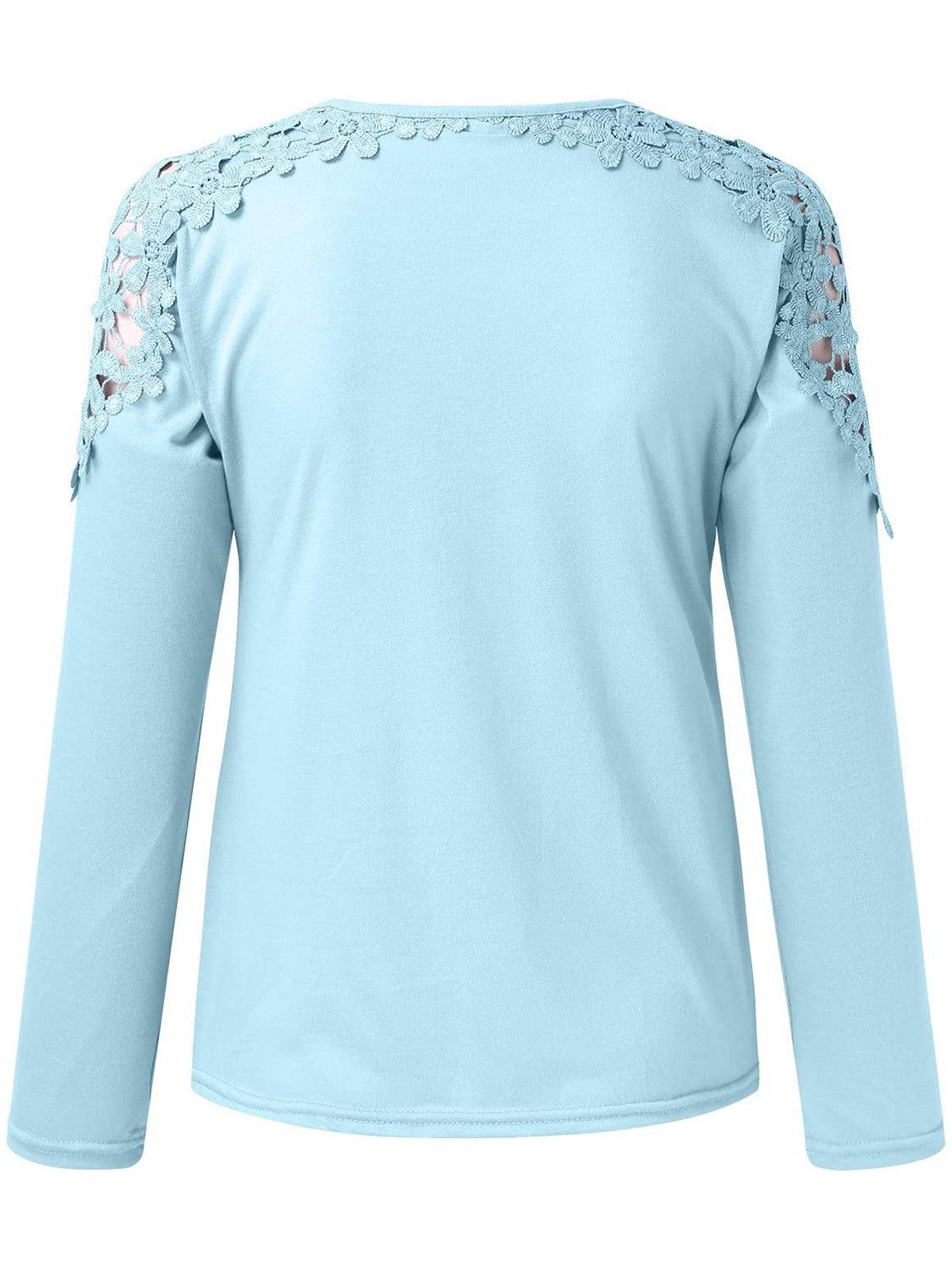 Back view of light blue cutout round neck long sleeve t-shirt