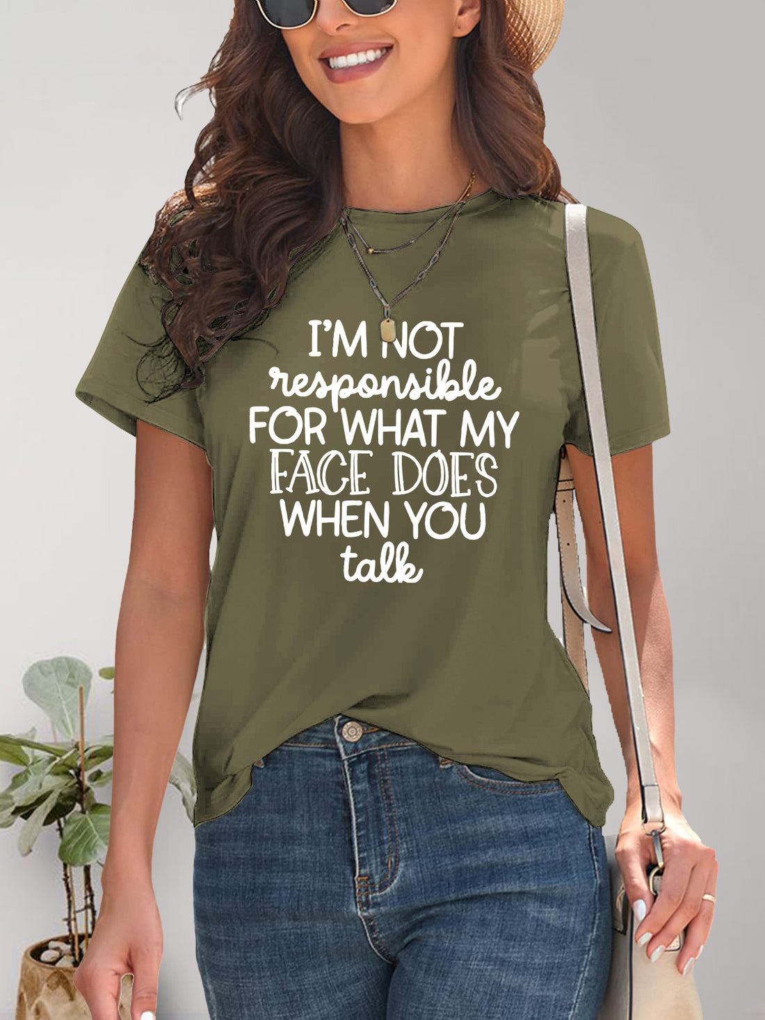 Olive green letter graphic round neck T-shirt
