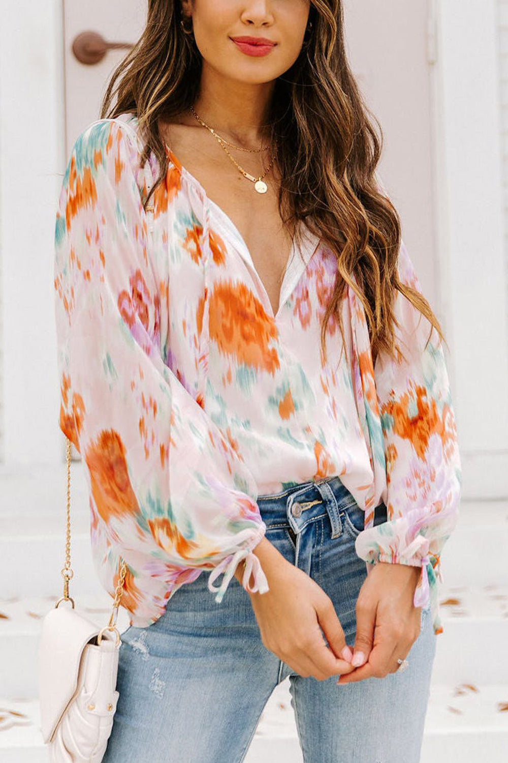 Printed Tie Neck Long Sleeve Blouse