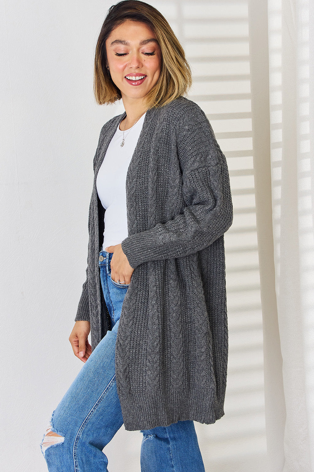 Cable-Knit Open Front Dropped Shoulder Cardigan