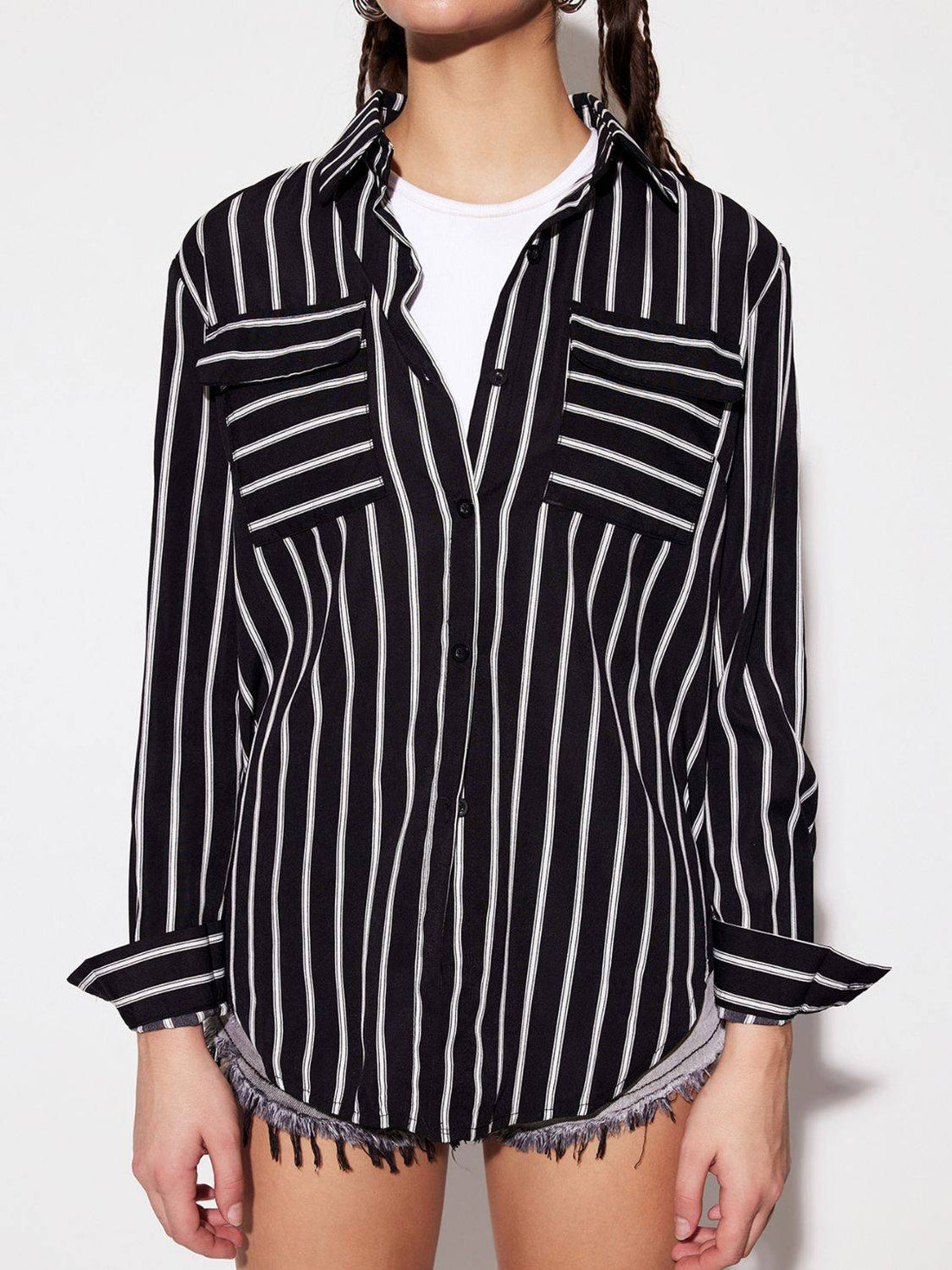 Striped collared neck long sleeve shirt, front view