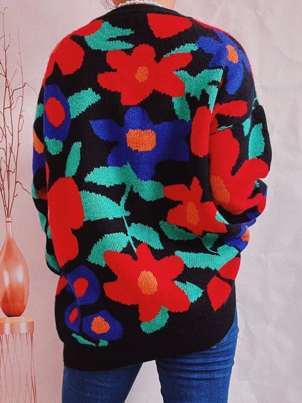 Big Flower Embroidered Crew Neck Drop-Shoulder Sleeve Sweater