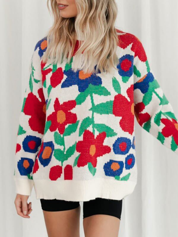 Big Flower Embroidered Crew Neck Drop-Shoulder Sleeve Sweater