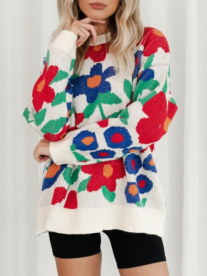 Big Flower Embroidered Crew Neck Drop-Shoulder Sleeve Sweater