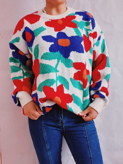 Big Flower Embroidered Crew Neck Drop-Shoulder Sleeve Sweater