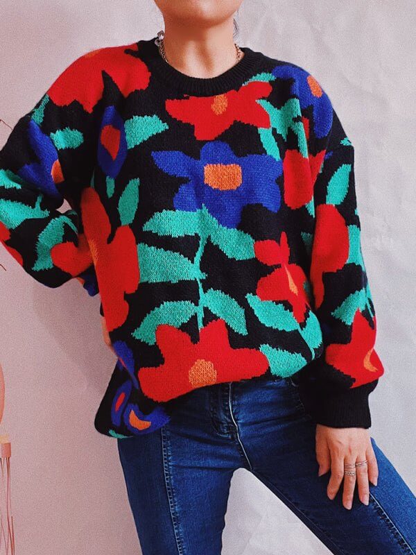 Big Flower Embroidered Crew Neck Drop-Shoulder Sleeve Sweater