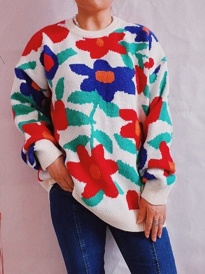 Big Flower Embroidered Crew Neck Drop-Shoulder Sleeve Sweater