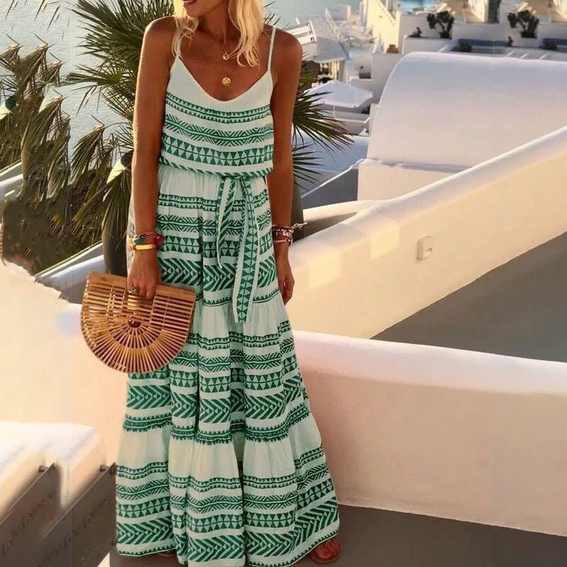 Bohemian style deep V-neck printed beach holiday style suspender dress