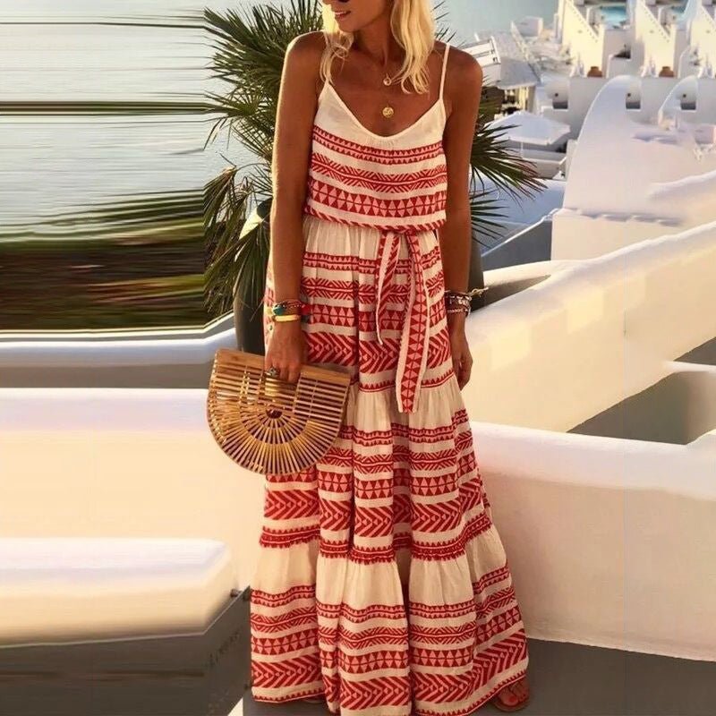 Robe à bretelles style bohémien, décolleté en v profond, imprimée, style vacances à la plage 