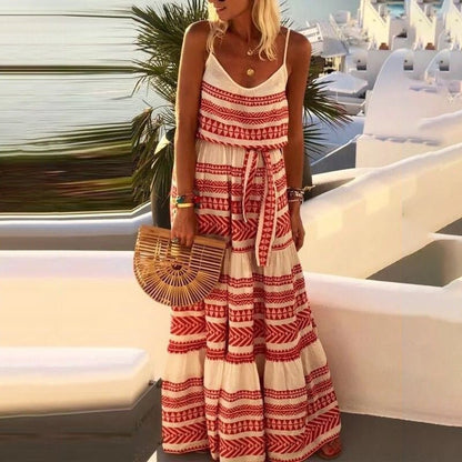 Bohemian style deep V-neck printed beach holiday style suspender dress