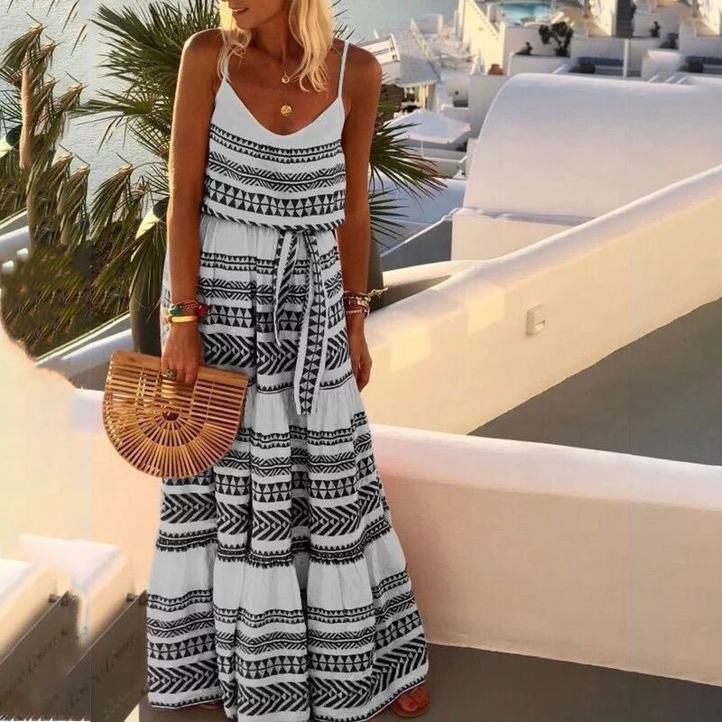 Bohemian style deep V-neck printed beach holiday style suspender dress