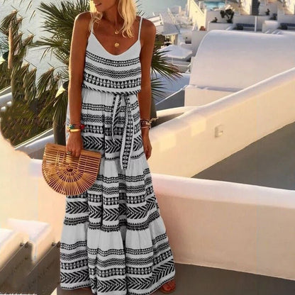 Robe à bretelles style bohémien, décolleté en v profond, imprimée, style vacances à la plage 