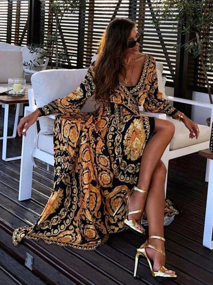 Bohemian V-neck retro positioning flower long-sleeved dress