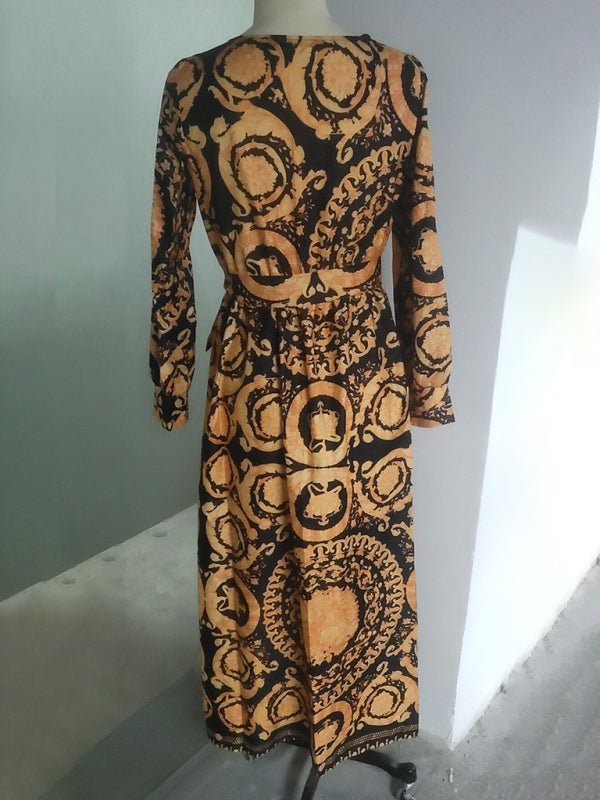 Bohemian V-neck retro positioning flower long-sleeved dress