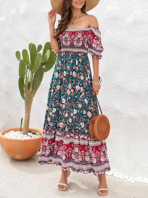 Robe de vacances de plage Boho, épaules dénudées, manches bouffantes, robe midi florale 