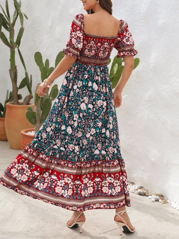 Boho-Strandurlaubskleid, schulterfreies Midikleid mit Puffärmeln und Blumenmuster 