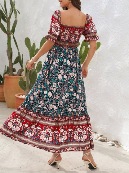 Robe de vacances de plage Boho, épaules dénudées, manches bouffantes, robe midi florale 