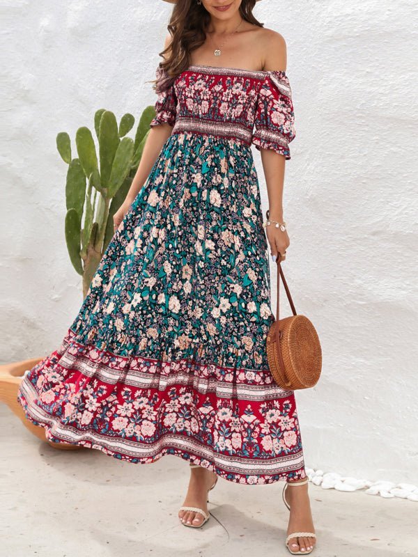 Boho Beach Vacation Dress Off-Shoulder Puff Sleeve Floral Midi Dress