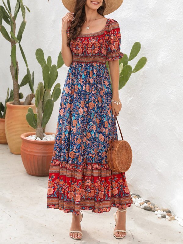 Boho-Strandurlaubskleid, schulterfreies Midikleid mit Puffärmeln und Blumenmuster 