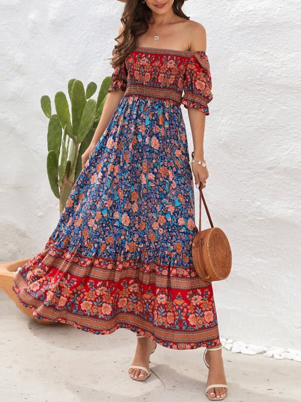 Boho-Strandurlaubskleid, schulterfreies Midikleid mit Puffärmeln und Blumenmuster 