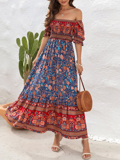 Boho Beach Vacation Dress Off-Shoulder Puff Sleeve Floral Midi Dress