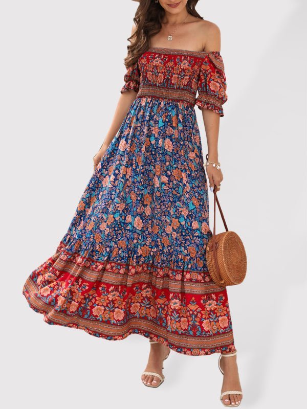 Boho Beach Vacation Dress Off-Shoulder Puff Sleeve Floral Midi Dress