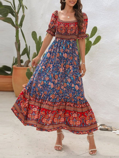 Boho Beach Vacation Dress Off-Shoulder Puff Sleeve Floral Midi Dress