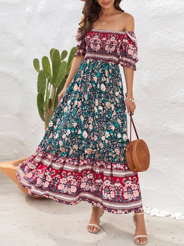 Robe de vacances de plage Boho, épaules dénudées, manches bouffantes, robe midi florale 