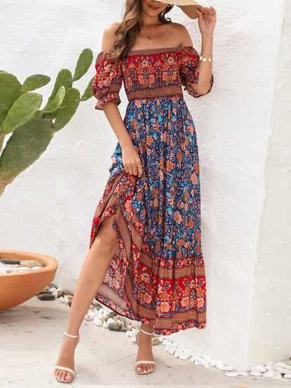 Boho Beach Vacation Dress Off-Shoulder Puff Sleeve Floral Midi Dress