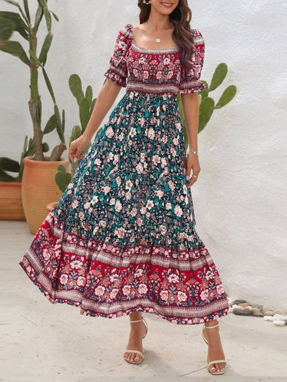 Boho Beach Vacation Dress Off-Shoulder Puff Sleeve Floral Midi Dress