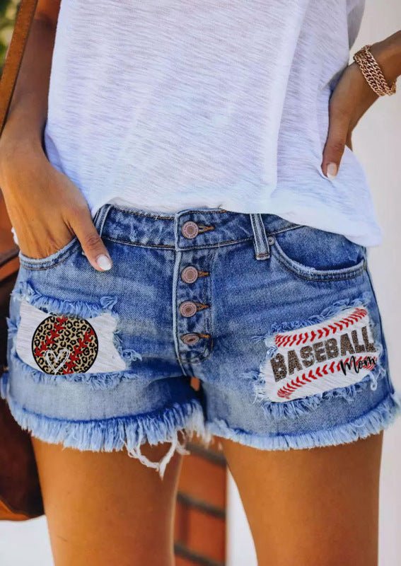 Bedruckte Denim-Shorts mit Knopfleiste und Hotpants mit Fransen 