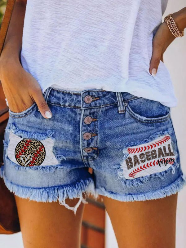 Button-breasted printed patch denim shorts with ripped fringed hot pants