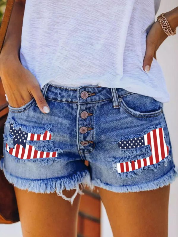 Bedruckte Denim-Shorts mit Knopfleiste und Hotpants mit Fransen 