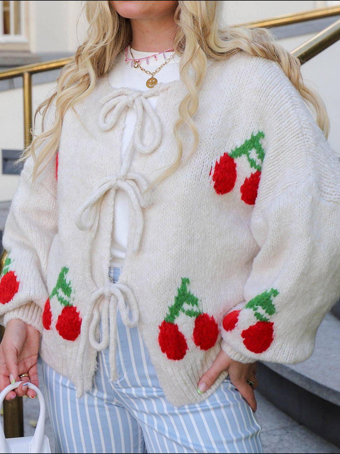 Tied Cherry Round Neck Long Sleeve Cardigan