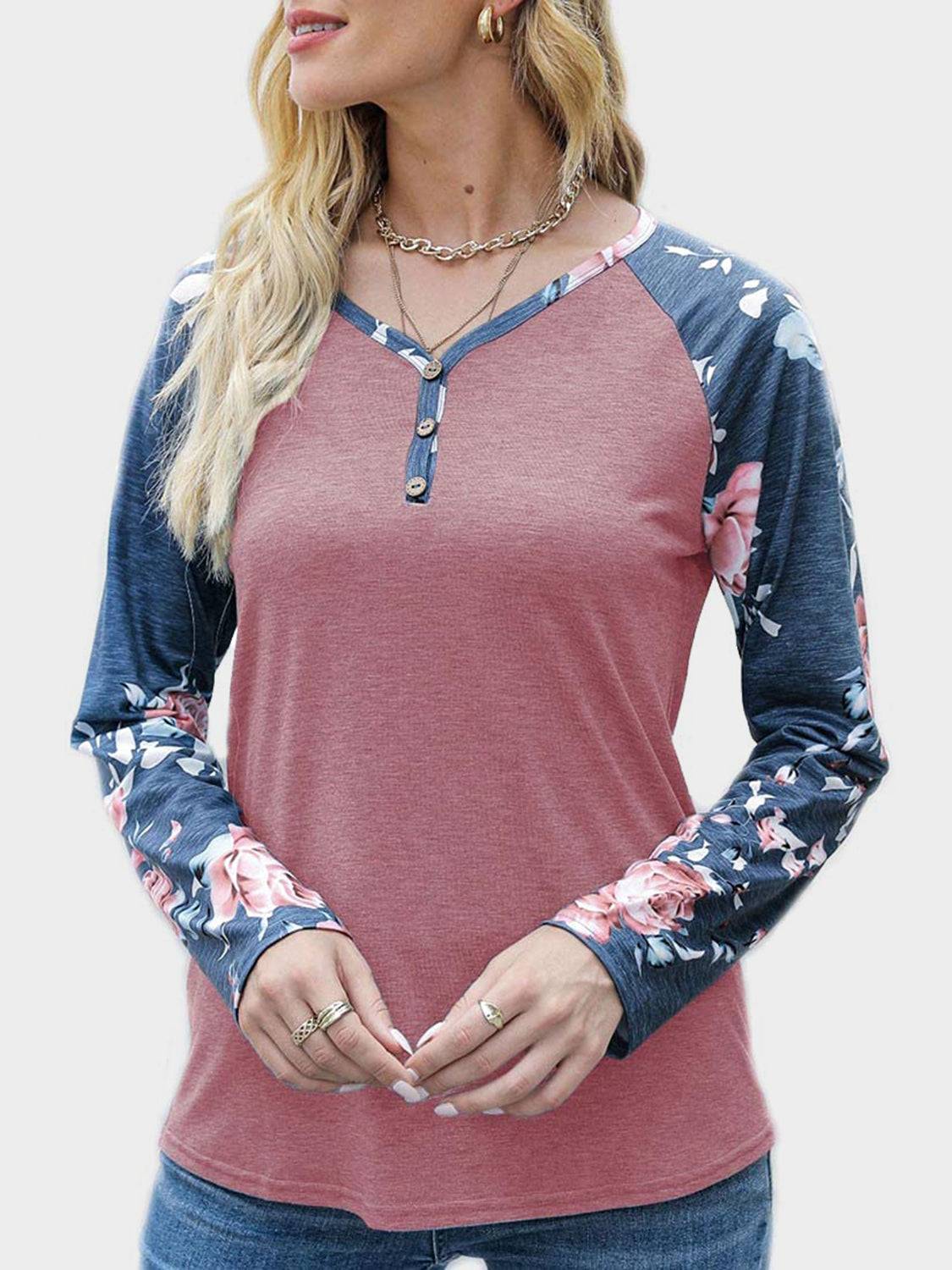 Pink V-neck floral long sleeve T-shirt, front view