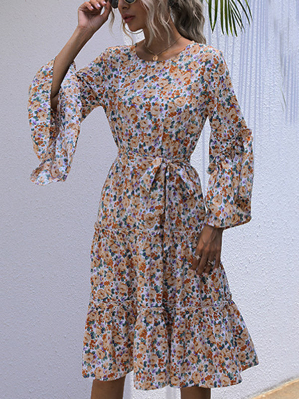 round neck print lace-up long-sleeve floral dress