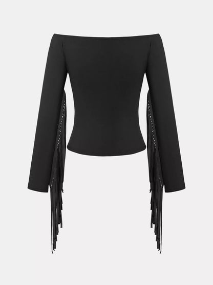 Off-Shoulder Fringe Sleeve T-Shirt