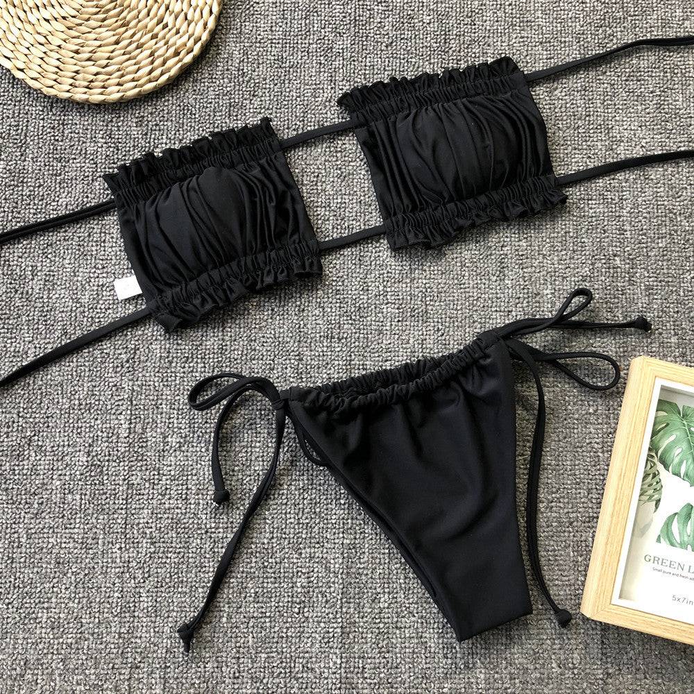 Black frill trim ruched bikini set laid flat