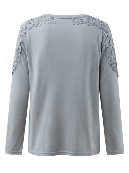 Back view of gray cutout round neck long sleeve t-shirt