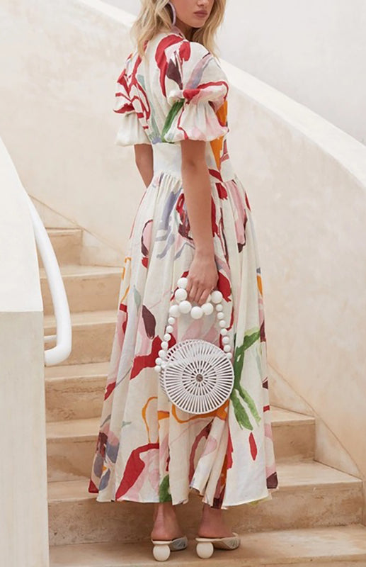 Maxi-Strandkleid mit V-Ausschnitt und schmaler Passform aus Chiffon mit Print