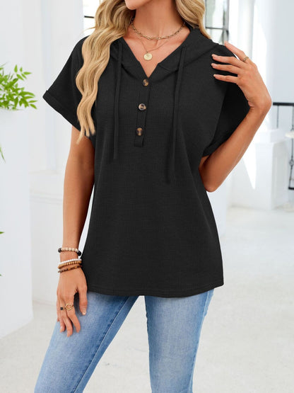 Casual Waffle Knit Button Detail Hooded Top