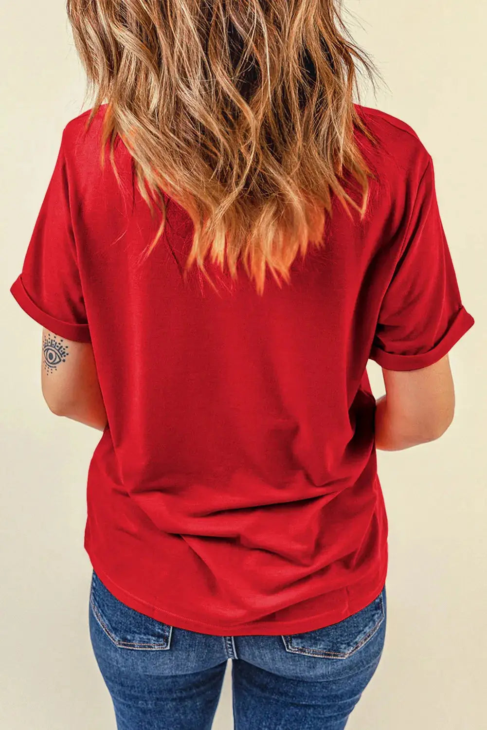 Back view of red round neck short sleeve T-shirt