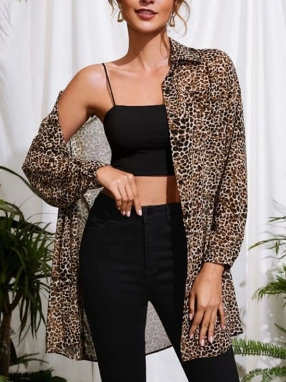 Leopard Print Button-Up Long Sleeve Oversized Shirt